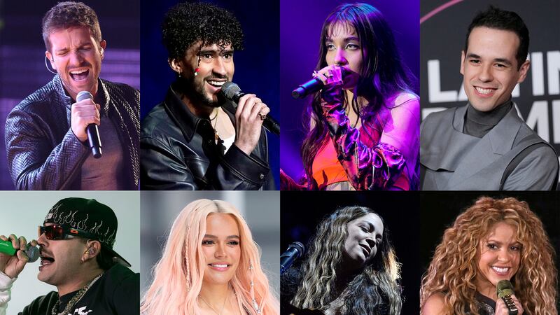 En esta combinación de fotografías los principales nominados para los Latin Grammy 2023. Fila...